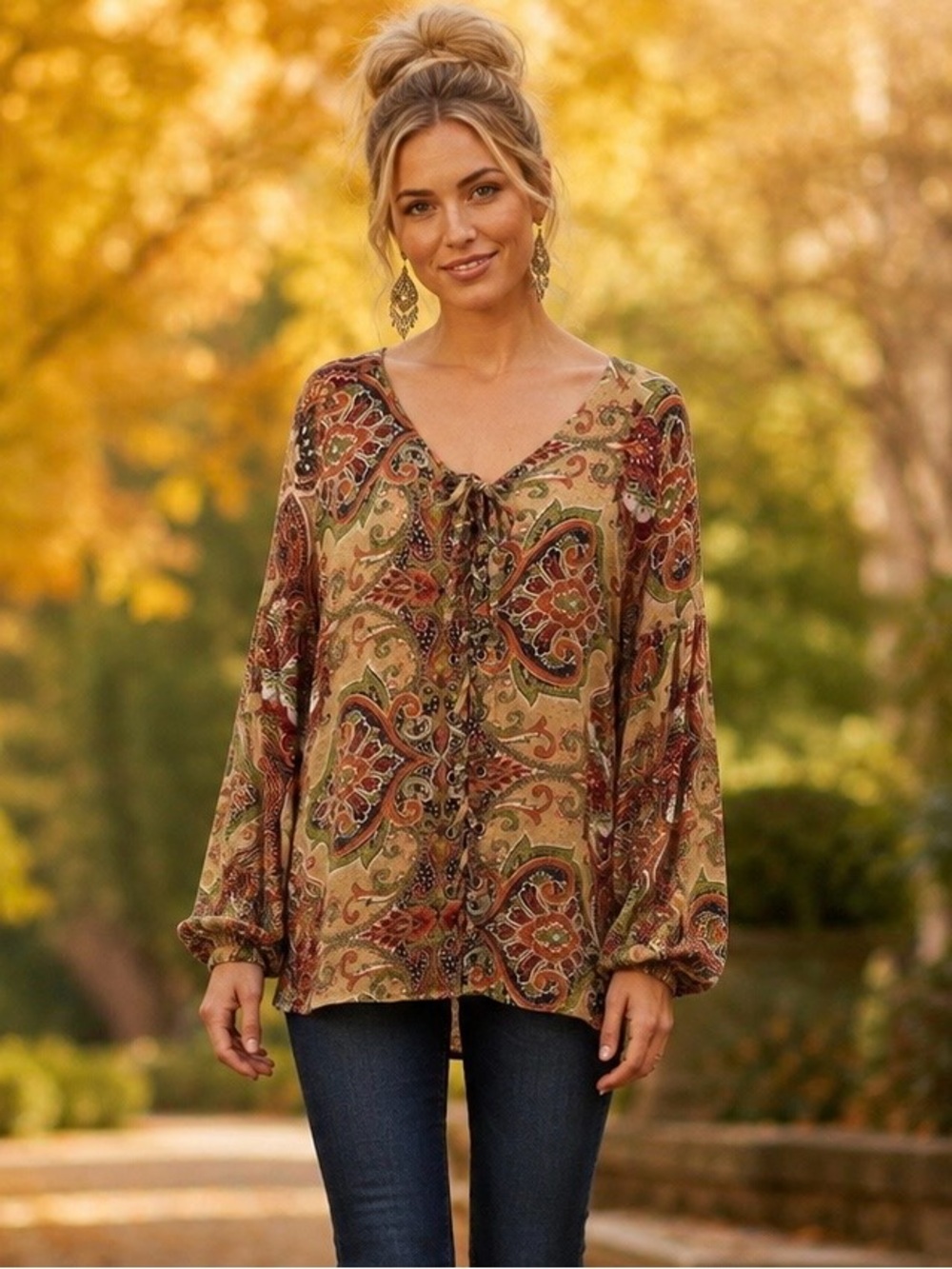 Nine West Jeans M Paisley Lace-Up Balloon Sleeve Boho Blouse